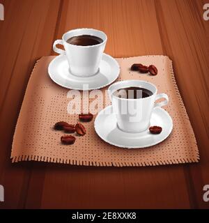 Coffee realistic background with two porcelain cups on wooden table vector illustration Stock Vector