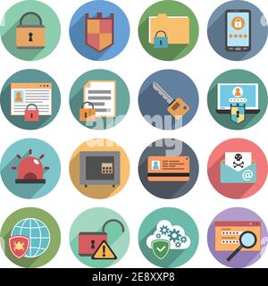 Internet technology computer protection software service flat icons set with safety symbols abstract round  isolated vector illustration Stock Vector