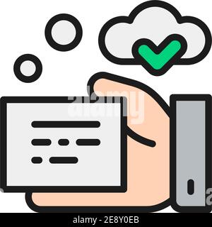 Hand with receipt, signed prescription, quality control flat color line icon. Stock Vector