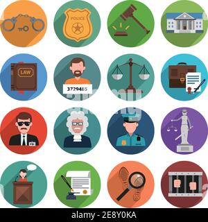 Law icon flat set with handcuffs attorney scales gavel isolated vector illustration Stock Vector