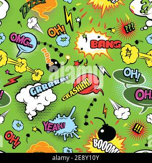 Modern colorful comics seamless background pattern with bombs lightening and jagged clouds speech bubbles abstract vector illustration Stock Vector