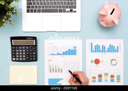 Accountant working with documents. Financial reports on desk, flat lay Stock Photo