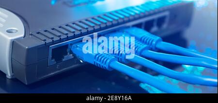 Router Wi-Fi close up. Fast internet modem device. Wireless or wired network Stock Photo