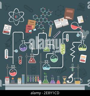 Science lab concept with flat flasks and physics symbols vector illustration Stock Vector