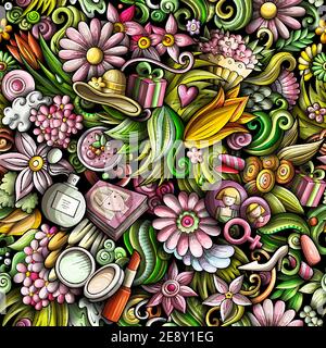 Cartoon doodles 8 March seamless pattern. Stock Vector