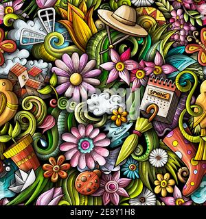 Cartoon doodles Spring seamless pattern. Stock Vector
