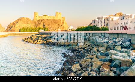 View of Al Alam Royal Palace and Al Jalali Fort in Muscat, Oman Stock Photo