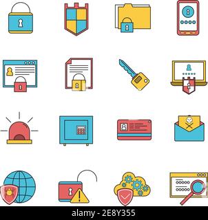 Computer security virus malware removal and protection service shield software line icons collection abstract isolated vector illustration Stock Vector