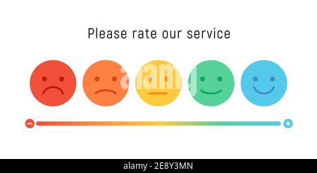 Smiley rate scale emotion emoji icon. Feedback rate survey emoticon satisfaction meter. Stock Vector
