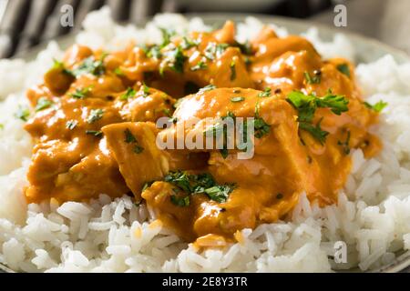 Homemade Mango Coconut Curry Chicken with White Rice Stock Photo