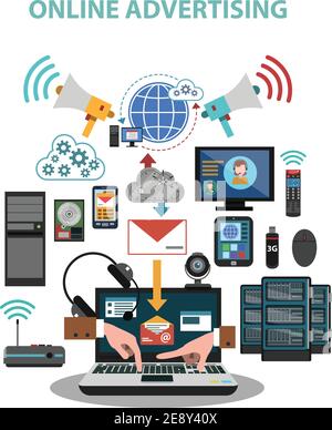 It device concept with laptop and cloud computing flat icons set vector illustration Stock Vector