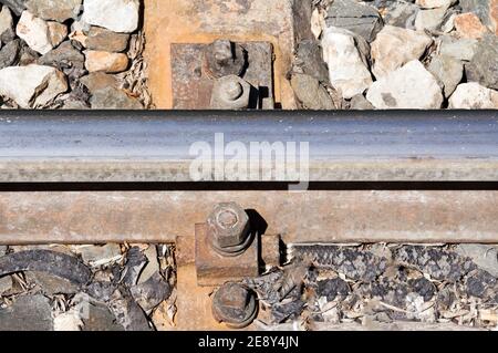 Close up of railroad spike and rail Stock Photo