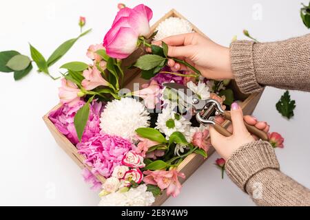 cropped view of woman holding hand pruners near flowers in wooden box on white Stock Photo