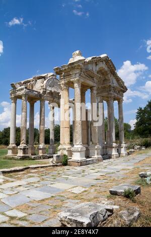 Famous Tetrapylon Gate in Aphrodisias (Turkey) dedicated to Aphrodite built during Hellenic era. In Roman time it was a small city in Caria. Stock Photo