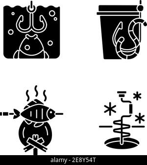 Cooking freshly caught fish black glyph icons set on white space Stock Vector