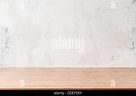 Empty wooden table with grunge cement or concrete wall texture background Stock Photo
