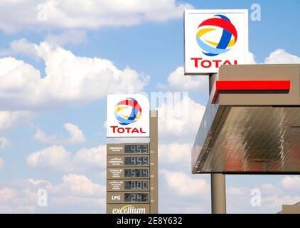 Total sign identifying a gas station. Total is a French multinational oil company and one of the Supermajor oil companies in the world. Stock Photo