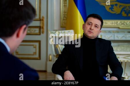 January 31, 2021, Kyiv, Ukraine - Ukrainian President VOLODYMYR ZELENSKY is interviewed by JONATHAN SWAN for the tv series, 'Axios on HBO.(Credit Image: © Axios On Hbo/ZUMA Wire) Stock Photo