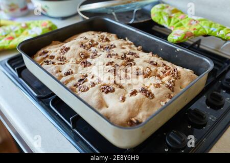 delicious Apple pie cooked in the oven. Stock Photo