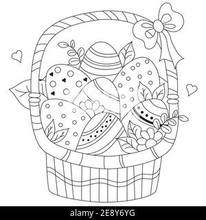Easter basket with decorative eggs, flowers and leaves. Vector drawing. Black line, outline. Decor for design and cards Happy Easter Stock Vector