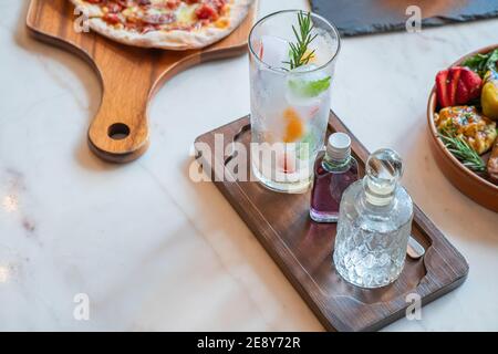 set menu pizza fried chicken dessert and beverage. Stock Photo