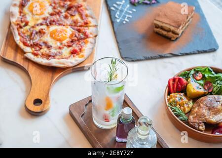 set menu pizza fried chicken dessert and beverage. Stock Photo