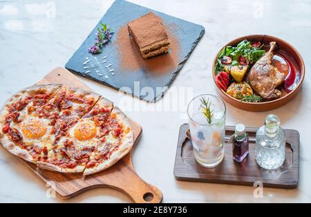 set menu pizza fried chicken dessert and beverage. Stock Photo