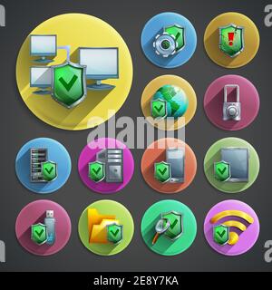 Data protection and computer security cartoon round icons set with shield and networks on black background  shadow isolated vector illustration Stock Vector