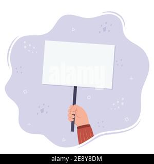 Human hand holds a blank protest sign. Protest. Blank banner, manifesting activists demonstrating empty signs. Street demonstration concept. Political Stock Vector