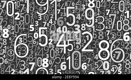 Many numbers different sizes vector pattern black and white seamless tile pattern dark background Stock Vector