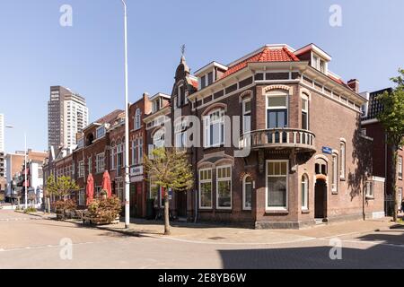 Eindhoven, The Netherlands, April 21st 2020. Exterior facade of the bars, cafes, restaurants and hotels at the Catherinaplein on a sunny day during co Stock Photo