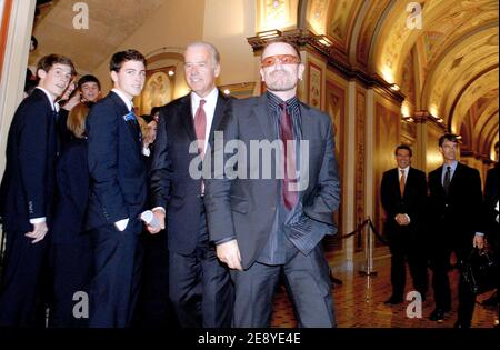 U2 frontman Bono attends a meeting with Sen. Joseph Biden (D-DE)(R) and other Senators on Capitol Hill October 3, 2007 in Washington, DC, USA. Bono was on the Hill to discuss gobal poverty. Photo by Olivier Douliery/ABACAPRESS.COM Stock Photo