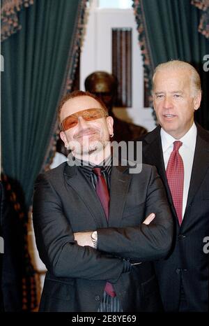 U2 frontman Bono attends a meeting with Sen. Joseph Biden (D-DE)(R) and other Senators on Capitol Hill October 3, 2007 in Washington, DC, USA. Bono was on the Hill to discuss gobal poverty. Photo by Olivier Douliery/ABACAPRESS.COM Stock Photo
