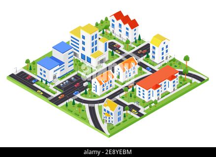 City district - modern vector colorful isometric illustration. Urban landscape with apartment houses, police department, road with cars, parking lots, Stock Vector