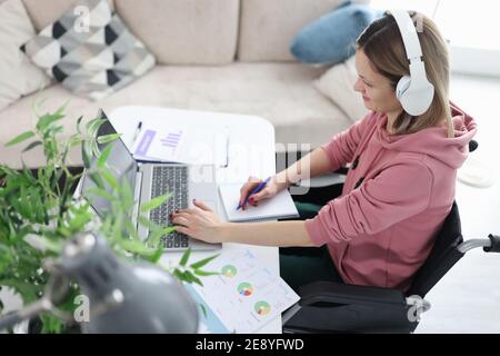 Disabled woman in wheelchair working at laptop Stock Photo