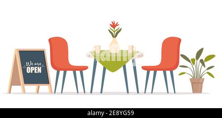 Summer outdoor cafe with table and seats, street chalk board. Restaurant scene in flat design. Romantic dinner table for two. Vector illustration Stock Vector