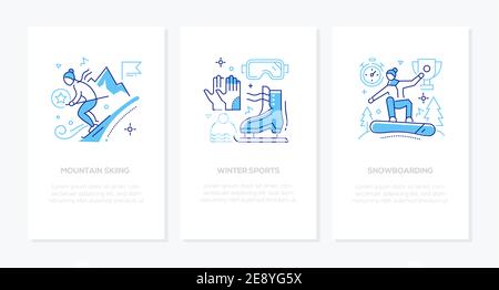 Winter sports - vector line design style banners with space for your text. Mountain skiing, skating, snowboarding, sportive equiment. People enjoying Stock Vector