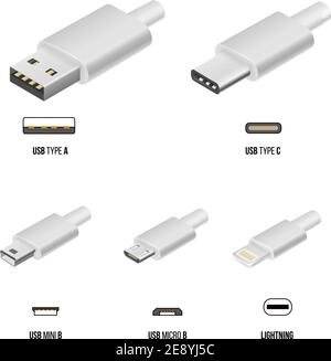 Vector USB type A, type C, micro USB and lightning white cable connector illustration in 3D realistic isometry Stock Vector