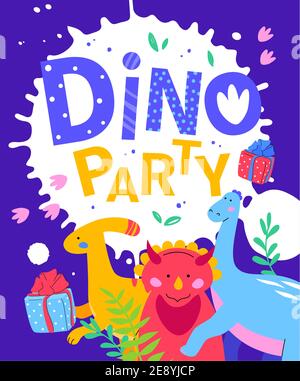 Dino party - flat design style illustration with characters on blue background. Greeting card with dinosaurs idea. Colorful images of parasaurolophus, Stock Vector