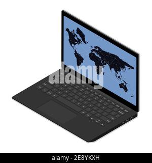 Tracking location. Laptop with world map isometric view isolated on white background. Vector Stock Vector