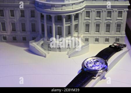 Watches on display at a press conference where Former US