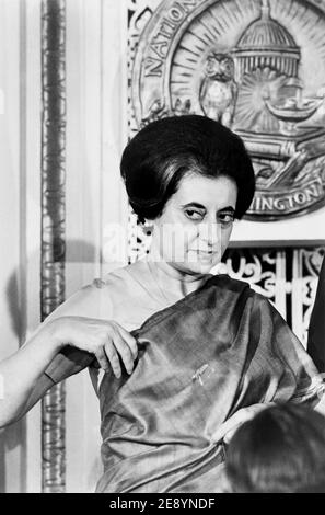 Indian Prime Minister Indira Gandhi at National Press Club, Washington, D.C., USA, Warren K. Leffler, March 29, 1966 Stock Photo