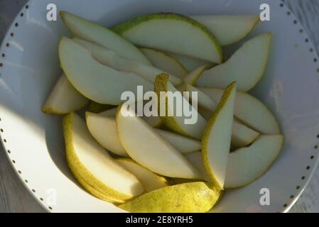 A close up of sliced Pears on a platter. Stock Photo