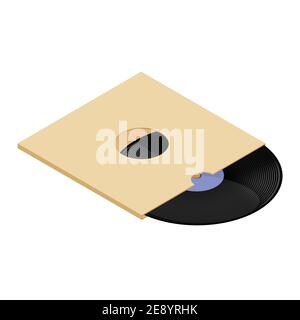 Vinyl record with blank paper cover isolated on white. Record sleeve with vinyl disc isometric view. Vector Stock Vector