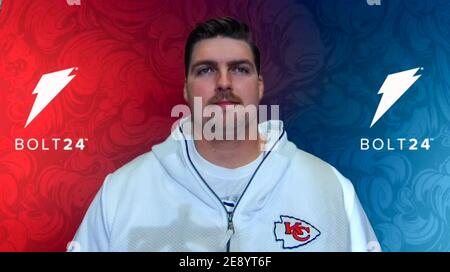 USA. 01st Feb, 2021. Kansas City Chiefs guard #77 Andrew Wylie speaks during the Kansas City Chiefs virtual media availability on Feb. 1, 2021 ahead of Super Bowl LV to be held in Tampa Bay, FL. (Screen Capture by Credit: Sipa USA/Alamy Live News Stock Photo