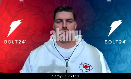 USA. 01st Feb, 2021. Kansas City Chiefs guard #77 Andrew Wylie speaks during the Kansas City Chiefs virtual media availability on Feb. 1, 2021 ahead of Super Bowl LV to be held in Tampa Bay, FL. (Screen Capture by Credit: Sipa USA/Alamy Live News Stock Photo