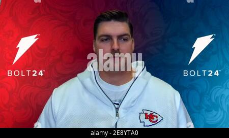 USA. 01st Feb, 2021. Kansas City Chiefs guard #77 Andrew Wylie speaks during the Kansas City Chiefs virtual media availability on Feb. 1, 2021 ahead of Super Bowl LV to be held in Tampa Bay, FL. (Screen Capture by Credit: Sipa USA/Alamy Live News Stock Photo