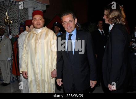 His Majesty King Mohammed VI of Morocco and French president Nicolas Sarkozy next to his son Pierre attend an Officiel diner at the Royal Palace in Marrakech, Morocco, on October 23, 2007. Photo by Christophe Guibbaud/ABACAPRESS.COM Stock Photo