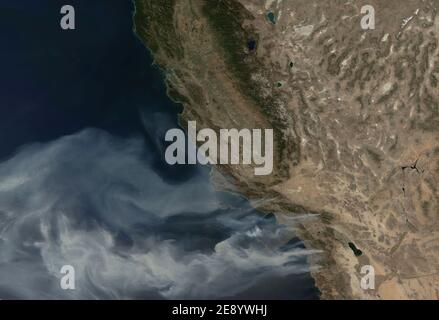 NASA satellites continue to capture remarkable new images of the wildfires raging in Southern California, USA on October 23, 2007. At least 14 massive fires are reported to have scorched about 425 square miles from north of Los Angeles to southeast of San Diego. This image, captured by NASA, captured plumes of smoke, seen blowing off the coast, indicating the intensity of the winds and the presence of additional fires farther south. Photo via NASA/ABACAPRESS.COM Stock Photo