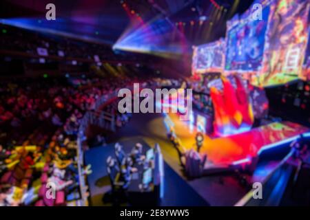 blurred view of stage lights during concert. defocused lighting Stock Photo